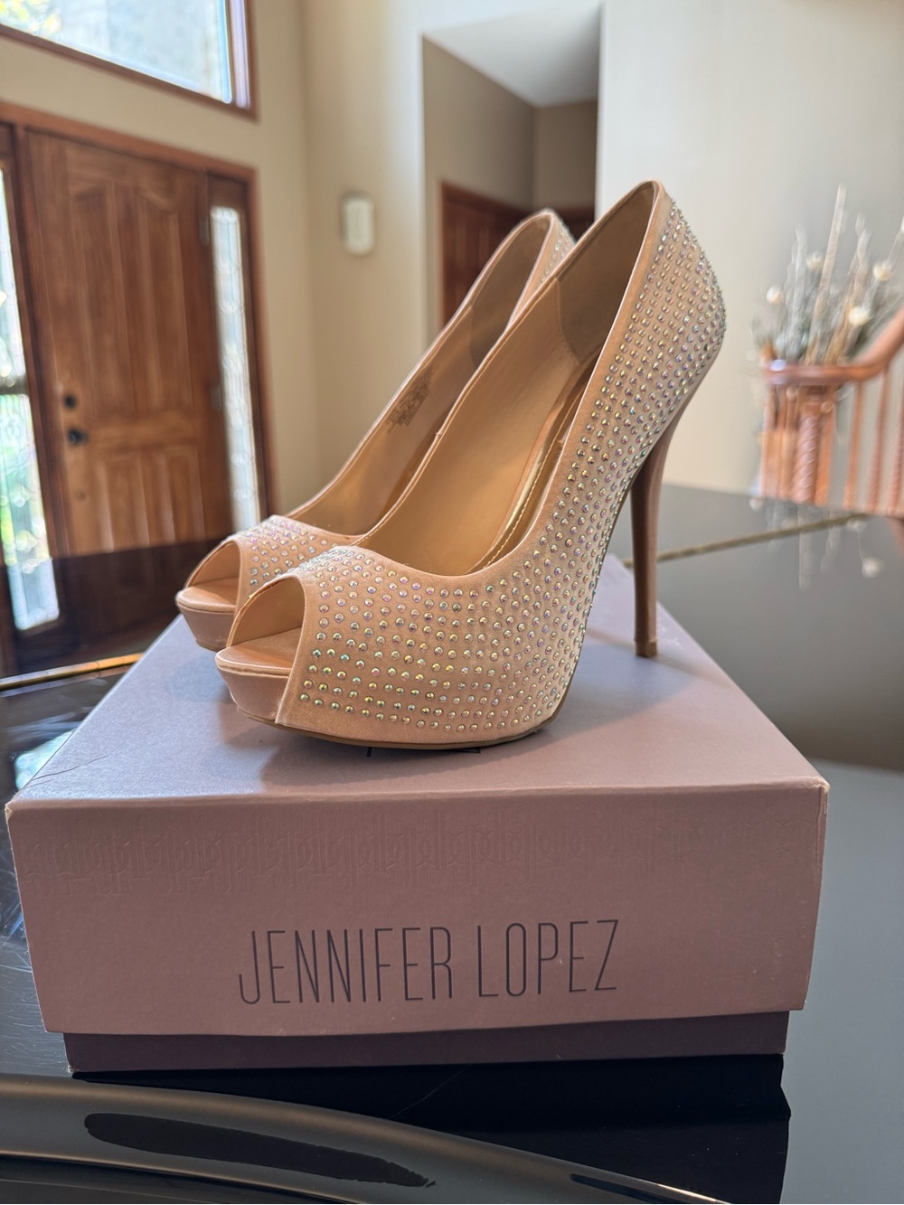 Jennifer Lopez Nude Crystal Peep-Toe Stilettos